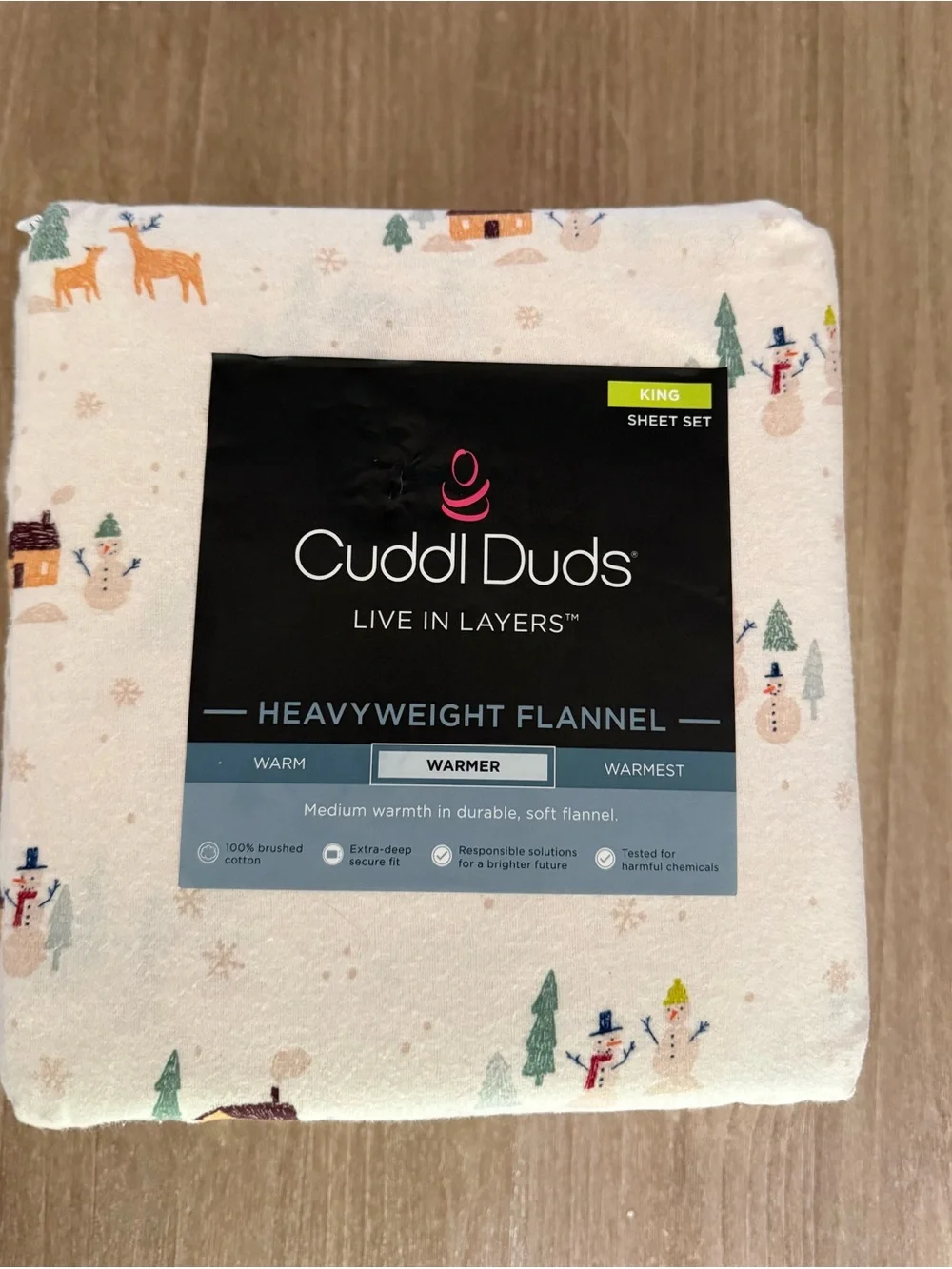 Cuddl Duds  KING Cotton Flannel Sheet Set Winter Holiday Scenic Snowmen NEW